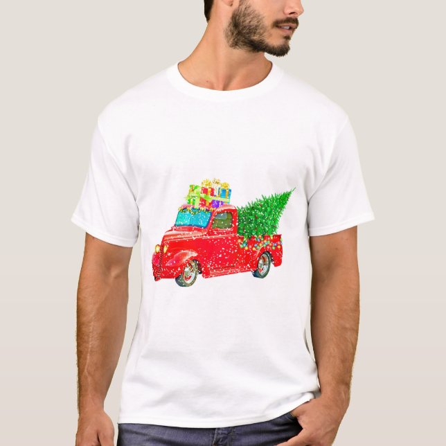 Christmas red truck with a Christmas tree and gift T-Shirt (Vorderseite)