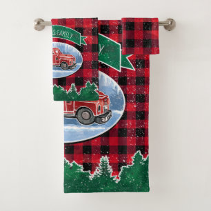 Christmas Red Vintag Truck Buffalo Karierter Name Badhandtuch Set