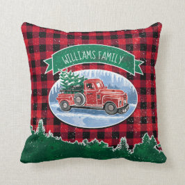 Christmas Red Vintag Truck Buffalo Karierter Name Kissen