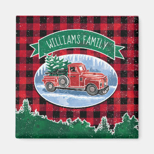 Christmas Red Vintag Truck Buffalo Karierter Name Magnet