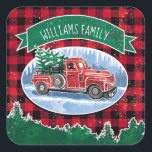 Christmas Red Vintag Truck Buffalo Karierter Name Quadratischer Aufkleber<br><div class="desc">Fügen Sie Ihren Familiennamen zu diesen Urlaubstickern hinzu, die eine Winterlandschaft mit einem klassischen roten Lieferwagen-LKW, der durch den Schnee fährt, und einem frischen Weihnachtsbaum im Hintergrund zeigen. Ein grünes Banner oben hat einen Familiennamen, mit dem Sie sich selbst personalisieren können. Hintergrund ist ein rotes und schwarzes Büffel-Karo mit einem...</div>