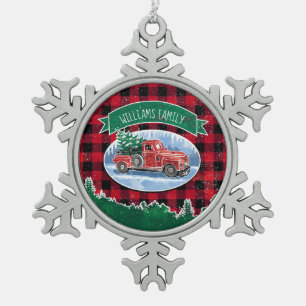 Christmas Red Vintag Truck Buffalo Karierter Name Schneeflocken Zinn-Ornament