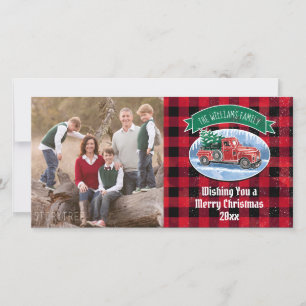 Christmas Red Vintag Truck Buffalo Kariertes Foto Feiertagskarte