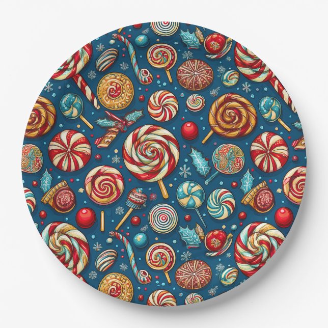 Christmas Red White Candy Lollipop Blue Pappteller (Vorderseite)