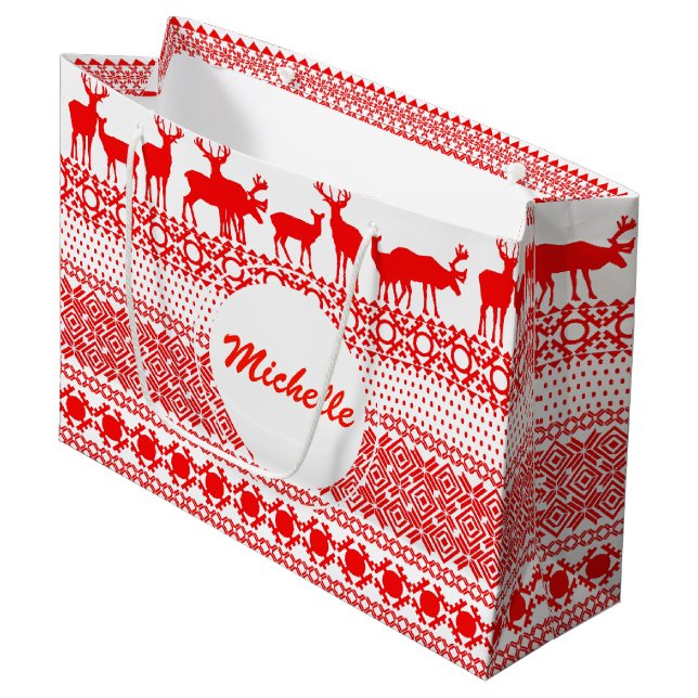 CHRISTMAS REIN DEER LAPLAND Red PATTERN Geschenkta Große Geschenktüte (Vorderseite Schrägansicht)