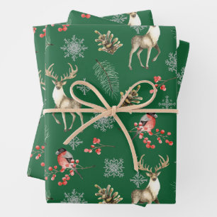 Christmas Rein Deer und Red Berries Nature Green Geschenkpapier Set