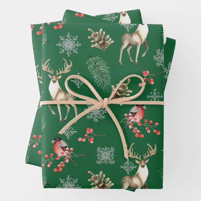 Christmas Rein Deer und Red Berries Nature Green Geschenkpapier Set (Beispiel)