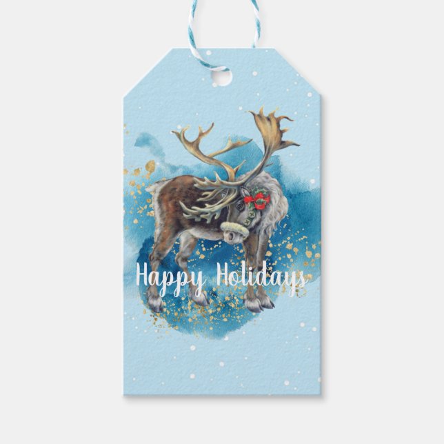 Christmas Reindeer Blue Splash Geschenkanhänger (Vorderseite)