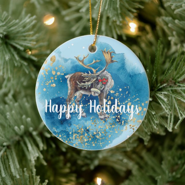Christmas Reindeer Blue Splash Keramik Ornament (Baum)