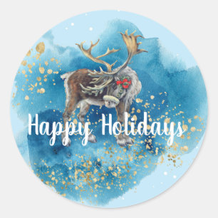 Christmas Reindeer Blue Splash Runder Aufkleber