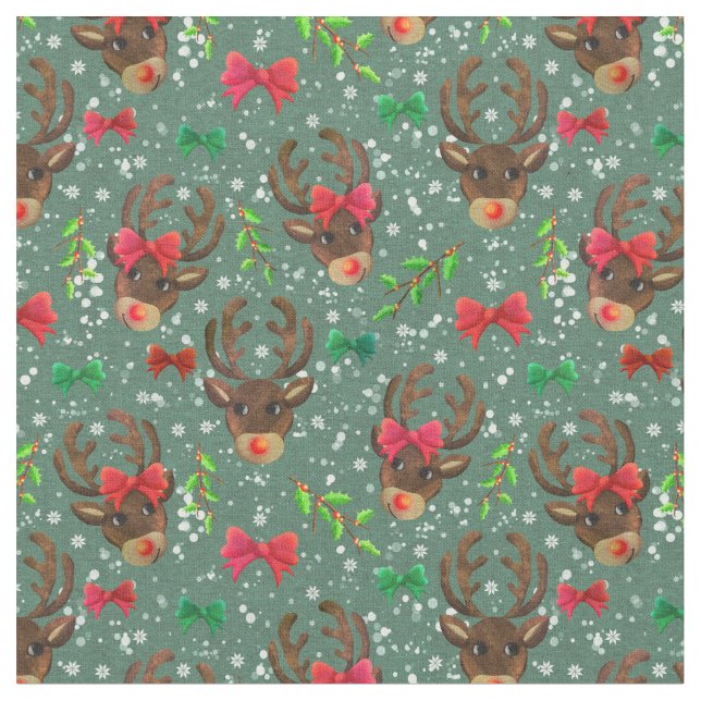 Christmas Reindeer Forest Green Stoff (Nahaufnahme)