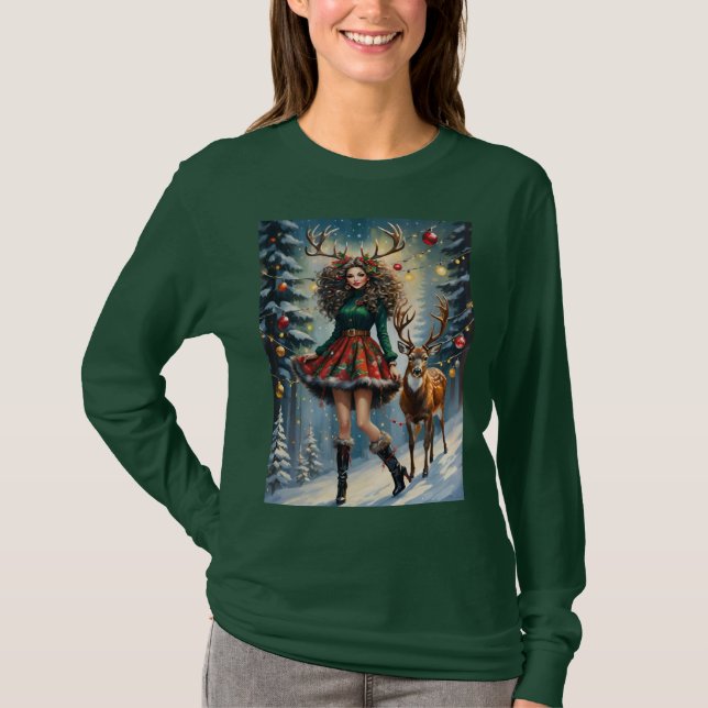 Christmas Reindeer Girl With Antlers Snowy Night T-Shirt (Vorderseite)