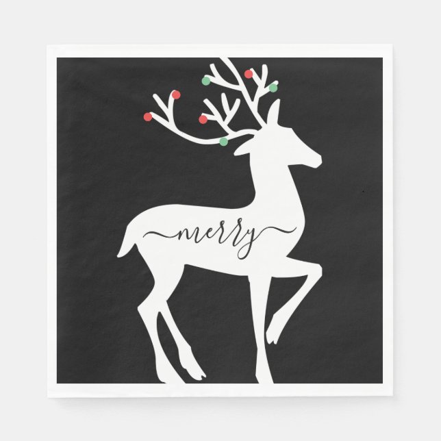 Christmas Reindeer Merry Black Paper Serviette (Vorderseite)