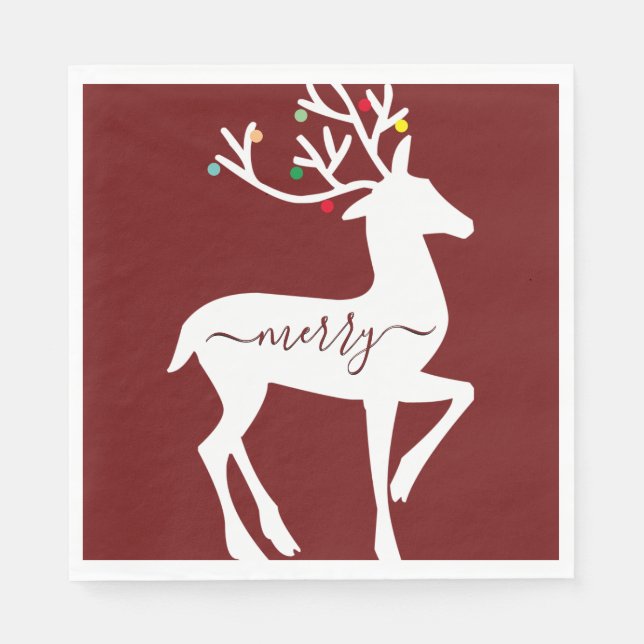 Christmas Reindeer Merry Burgundy Serviette (Vorderseite)