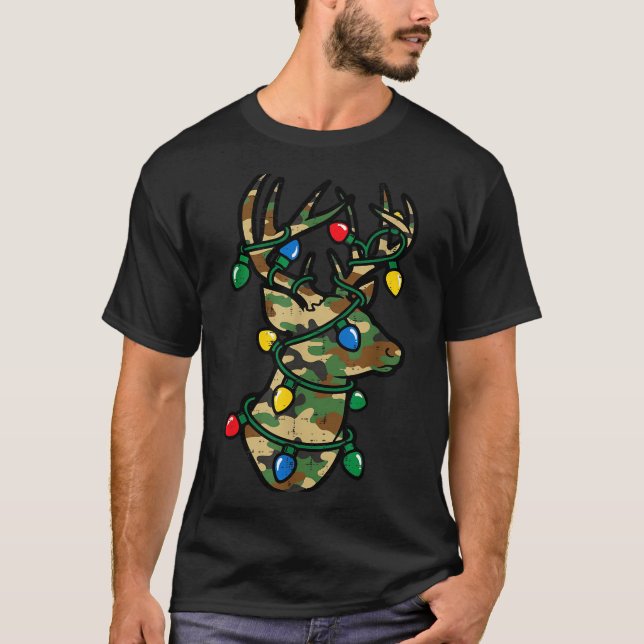 Christmas Reindeer Silhouette Camo Xmas Lights Men T-Shirt (Vorderseite)