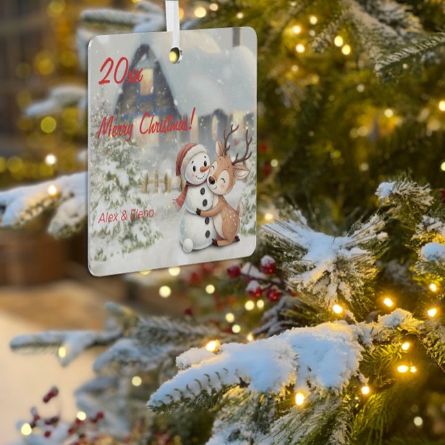  Christmas reindeer snowman photo Square Ornament (Von Creator hochgeladen)