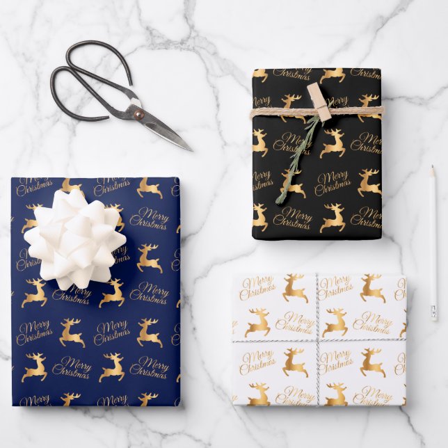 Christmas Reindeers on Navy Blue, Black and White Geschenkpapier Set (Vorderseite)