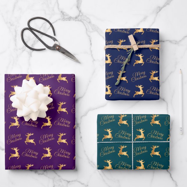 Christmas Reindeers on Purple, Navy and Teal Geschenkpapier Set (Vorderseite)