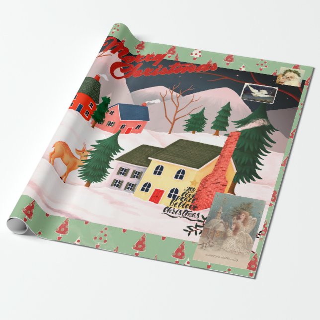 CHRISTMAS RETRO WINTER VILLAGE Umschlagpapier Geschenkpapier (Ungerollt)