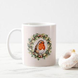 Christmas Robin Holly Wreath Watercolour Kaffeetasse