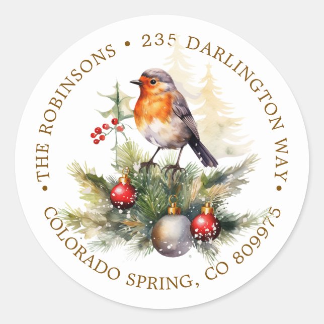Christmas Robin Pine Baubles Return Address Label Runder Aufkleber (Vorderseite)