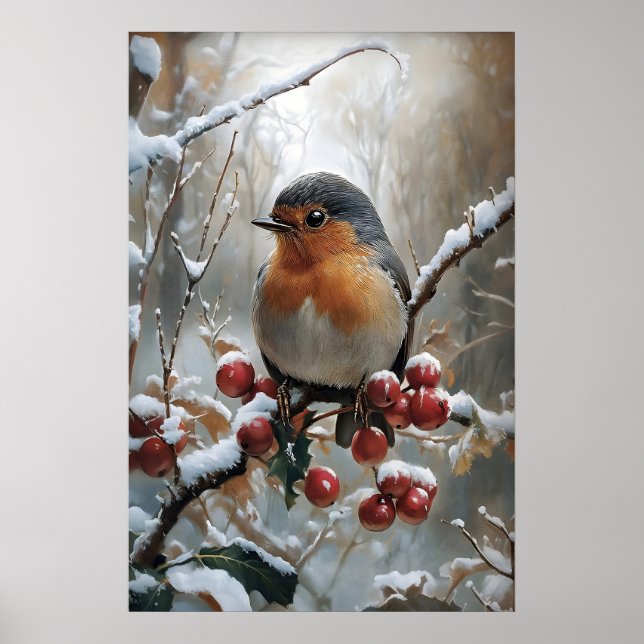 Christmas Robin Print, Vintage Winter Bird Art Poster (Vorne)