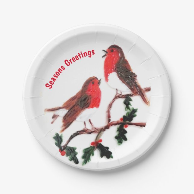 Christmas Robins Holly Seasons Grüße Pappteller (Vorderseite)