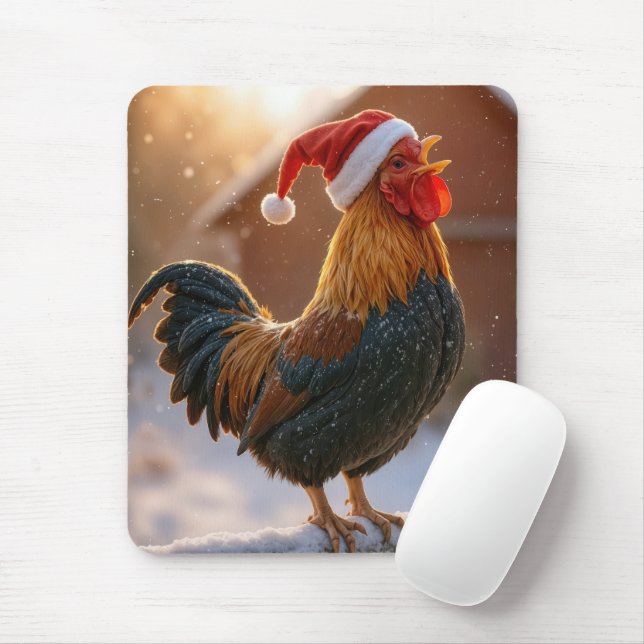 Christmas Rooster Wearing a Santa Hat Mousepad (Mit Mouse)