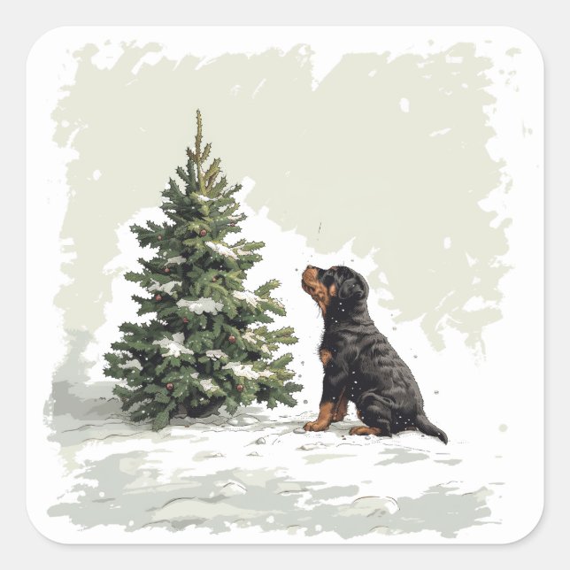 Christmas Rottweiler Dog Weihnachtsbaum Quadratischer Aufkleber (Vorderseite)
