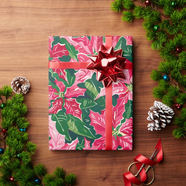 Christmas Ruby Pink Poinsettia N Leaves Pattern Geschenkpapier (Feiertagsgeschenk)