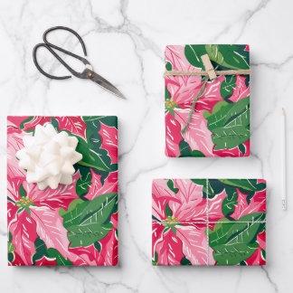 Christmas Ruby Pink Poinsettia N Leaves Pattern Geschenkpapier Set