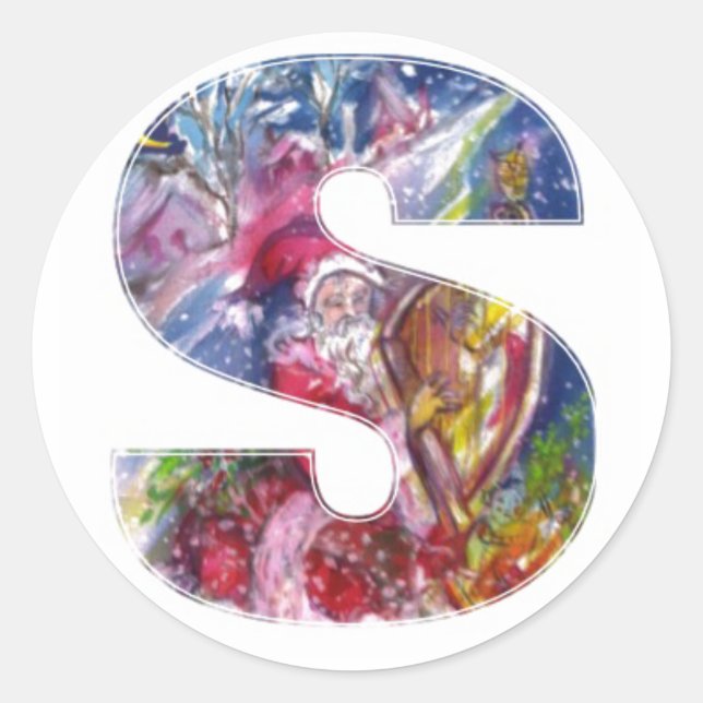 CHRISTMAS S LETTER / SANTA PLAYING HARP RUNDER AUFKLEBER (Vorderseite)