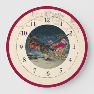 Christmas Santa and Reindeer Clock Große Wanduhr
