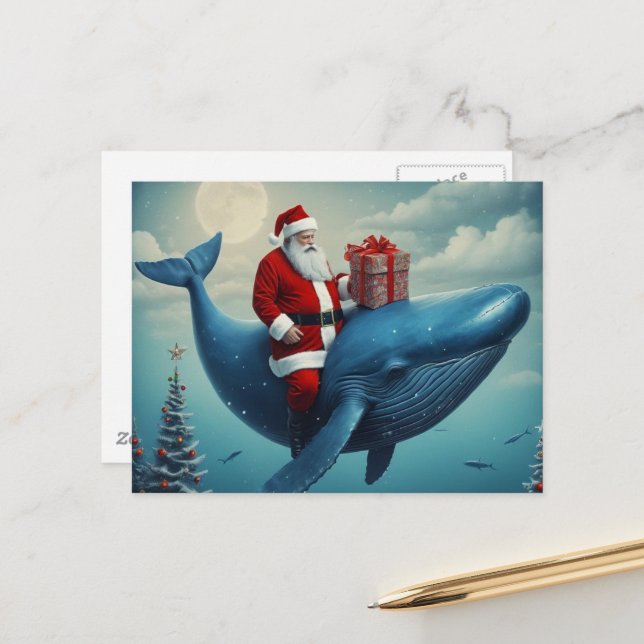 Christmas Santa and Whale Surreal Postkarte (Vorderseite/Rückseite Beispiel)