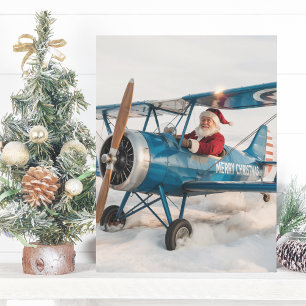 Christmas Santa Blue Biplane Flugzeug & Foto Funny Postkarte