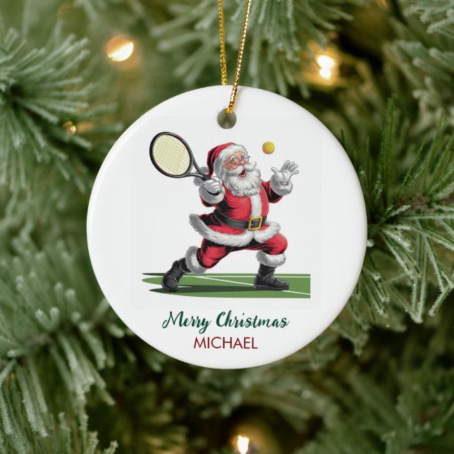 Christmas Santa claus playing tennis Personalized Keramik Ornament (Baum)