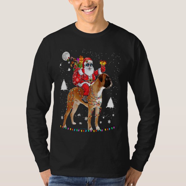 Christmas Santa Claus Riding Boxer Dog Lights Xmas T-Shirt (Vorderseite)