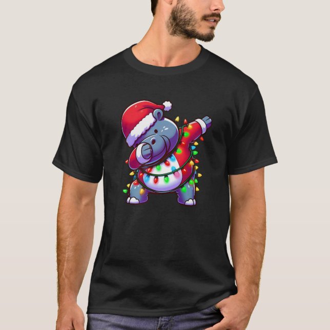 Christmas Santa Costume Dabbing Hippo Xmas Lights  T-Shirt (Vorderseite)