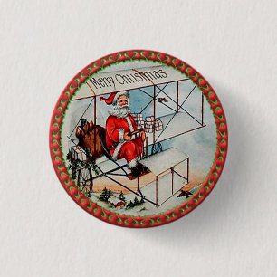 Christmas Santa flying a old airplane Button
