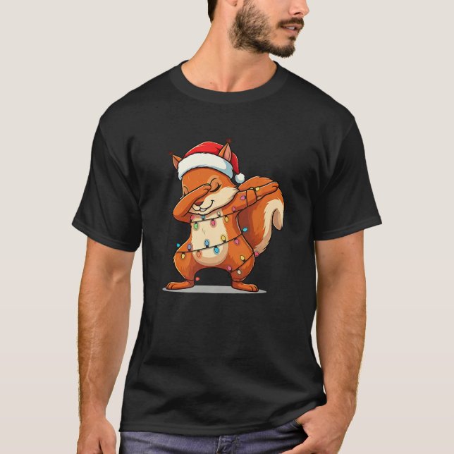 Christmas Santa Hat Dabbing Squirrel Xmas Lights G T-Shirt (Vorderseite)