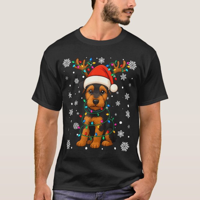 Christmas Santa Hat Reindeer Airedale Terrier Love T-Shirt (Vorderseite)