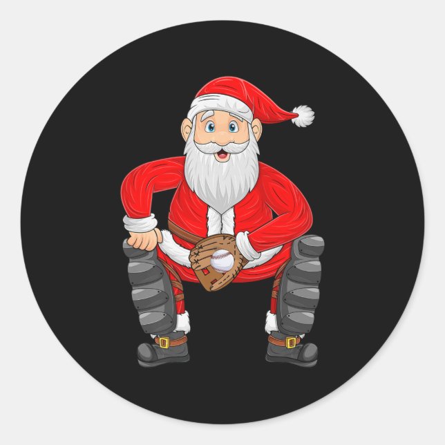 Christmas Santa Playing Baseball Catcher Xmas Srts Runder Aufkleber (Vorderseite)