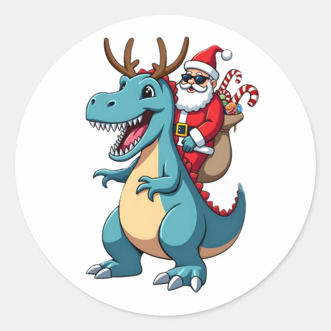 Christmas Santa Riding Dinosaur Deer Xmas (1) Runder Aufkleber (Vorderseite)