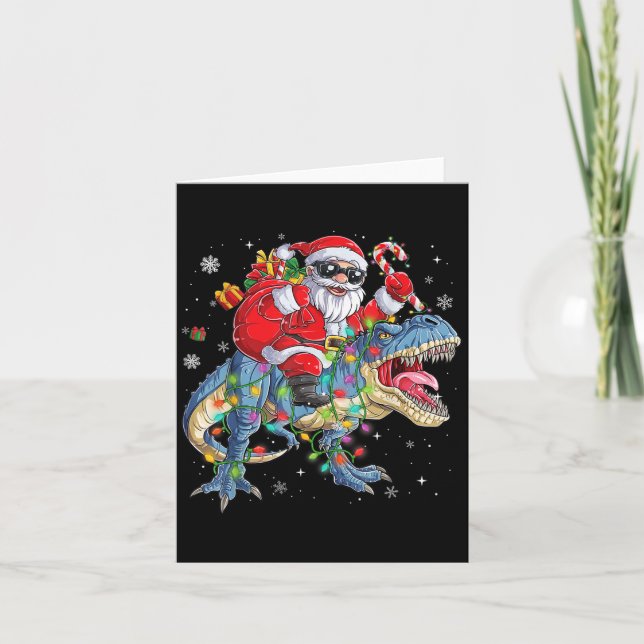 Christmas Santa Riding Dinosaur Funny Xmas Lights  Karte (Vorderseite)