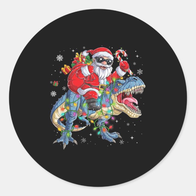 Christmas Santa Riding Dinosaur Funny Xmas Lights  Runder Aufkleber (Vorderseite)