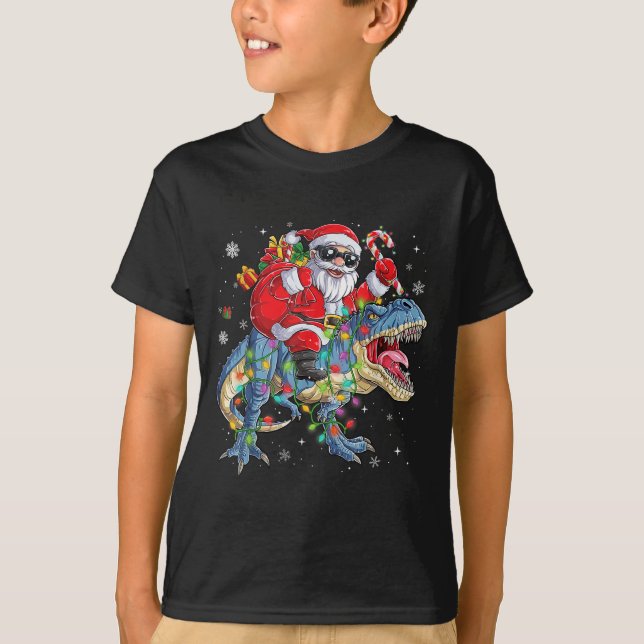 Christmas Santa Riding Dinosaur Funny Xmas Lights  T-Shirt (Vorderseite)