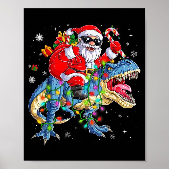 Christmas Santa Riding Dinosaur T-rex Funny Xmas L Poster (Vorne)