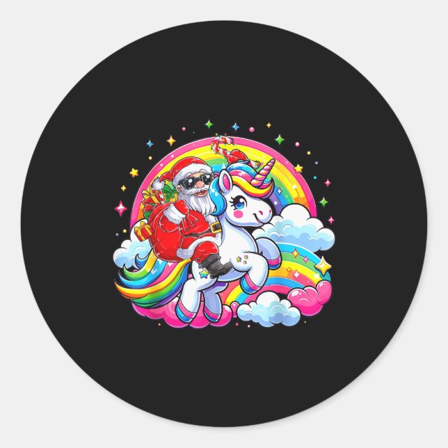 Christmas Santa Riding Unicorn Cute Xmas Girls Wom Runder Aufkleber (Vorderseite)