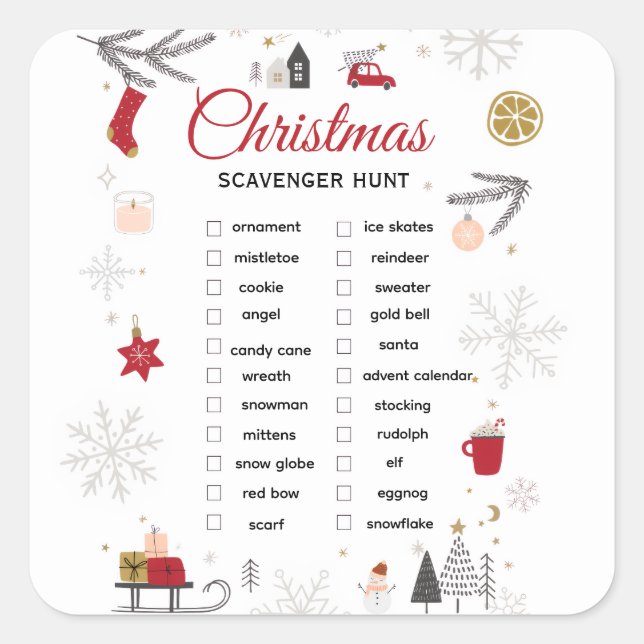 Christmas Scavenger Hunt Checklist Art Quadratischer Aufkleber (Vorderseite)