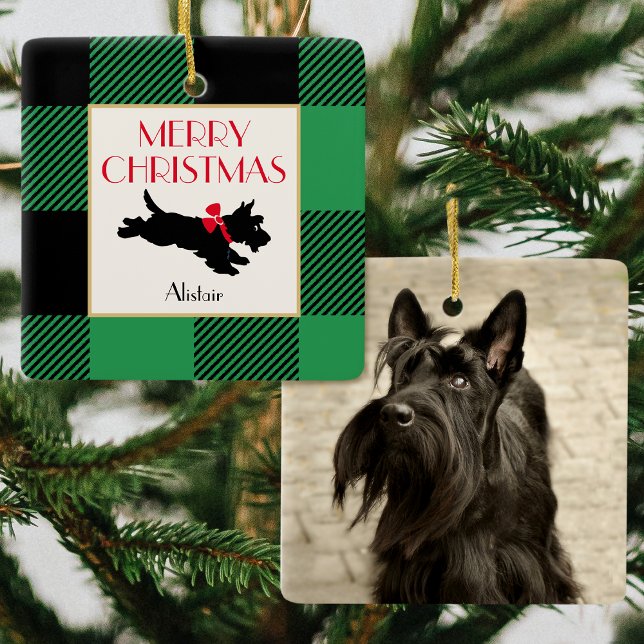 Christmas Scottie Dog Foto Buffalo Kariert Green Keramikornament (Von Creator hochgeladen)